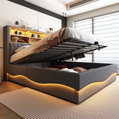 okwish Polsterbett 180×200 mit hydraulischem Stauraum,Doppelbett mit APP-gesteuertes LED-Lichtband USB-Ladeanschluss,Bett mit Metall-Lattenrost,Grau